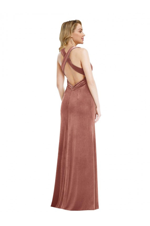 Sleeveless V-Neck Stretch Velvet Cinnamon Rose Long Formal Gowns