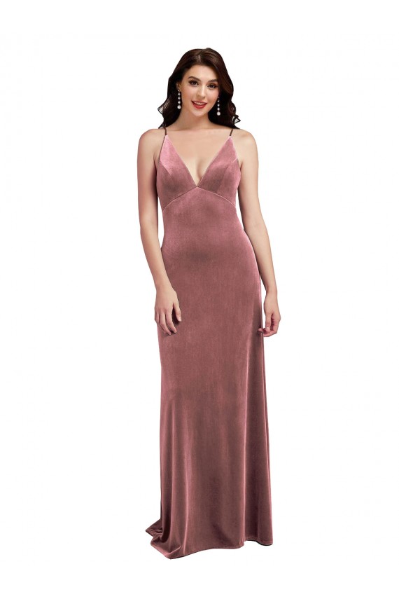 Sleeveless V-Neck Stretch Velvet Cinnamon Rose Long Formal Dress