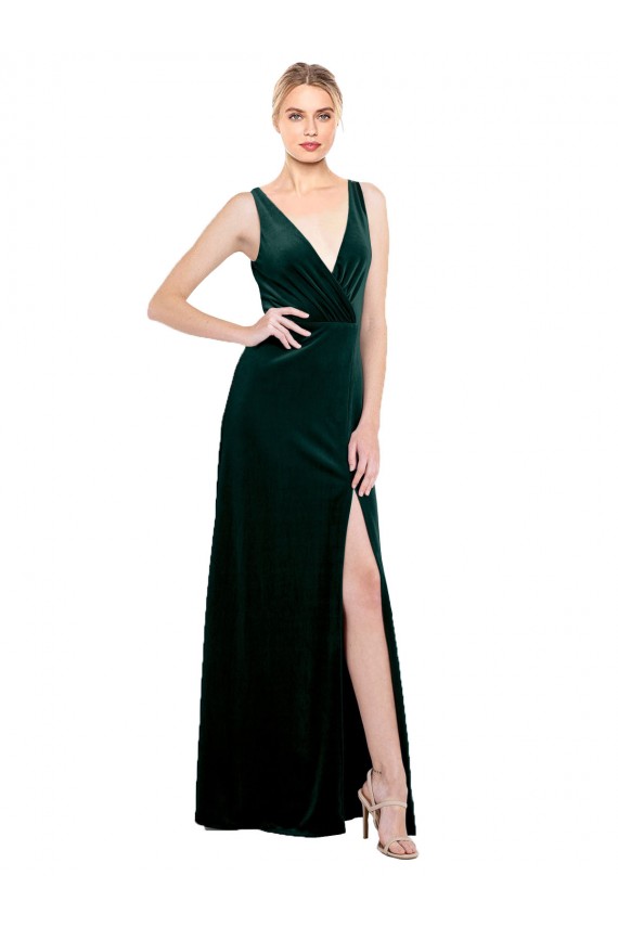 Sleeveless V-Neck Stretch Velvet Dark Green Long Black Tie Formal Dress