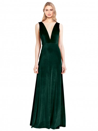 Affordable Sleeveless V-Neck Stretch Velvet Dark Green Long Formal Dress UK