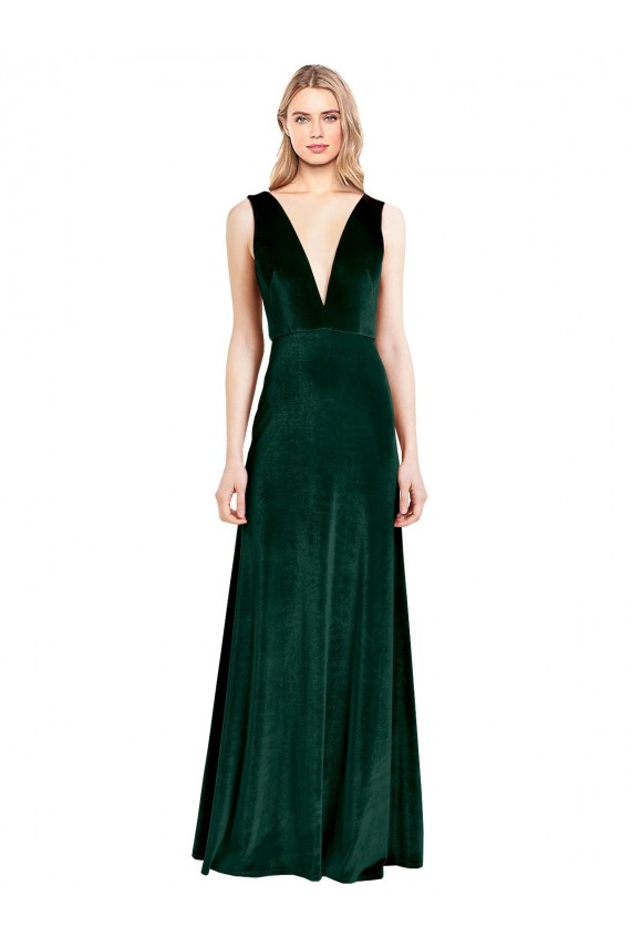 Sleeveless V-Neck Stretch Velvet Dark Green Long Formal Dress