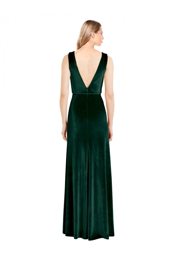Sleeveless V-Neck Stretch Velvet Dark Green Long Formal Dress