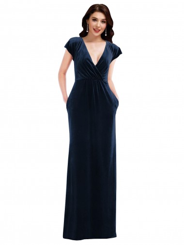 Affordable Flutter Sleeves V-Neck Stretch Velvet Dark Navy Long Formal Dress UK