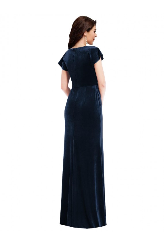Flutter Sleeves V-Neck Stretch Velvet Dark Navy Long Formal Dress