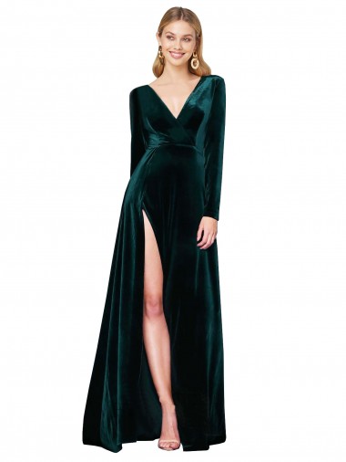 Affordable Long Sleeves V-Neck Stretch Velvet Dark Green Sweep Train Black Tie Formal Dress UK