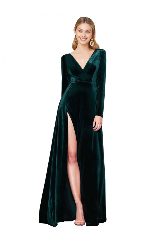 Long Sleeves V-Neck Stretch Velvet Dark Green Sweep Train Black Tie Formal Dress