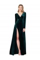 Long Sleeves V-Neck Stretch Velvet Dark Green Sweep Train Black Tie Formal Dress