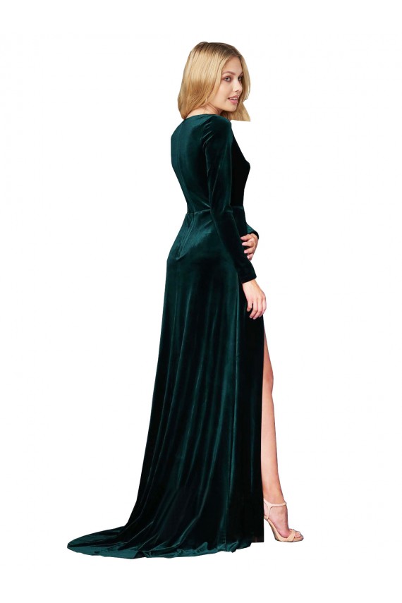 Long Sleeves V-Neck Stretch Velvet Dark Green Sweep Train Black Tie Formal Dress