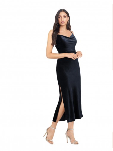 Affordable Sleeveless Cowl Neck Stretch Velvet Dark Navy Midi Length Formal Dress UK