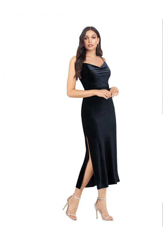 Sleeveless Cowl Neck Stretch Velvet Dark Navy Midi Length Formal Dress