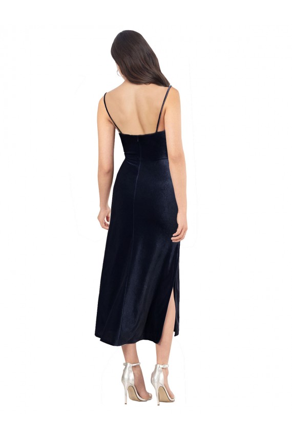 Sleeveless Cowl Neck Stretch Velvet Dark Navy Midi Length Formal Dress