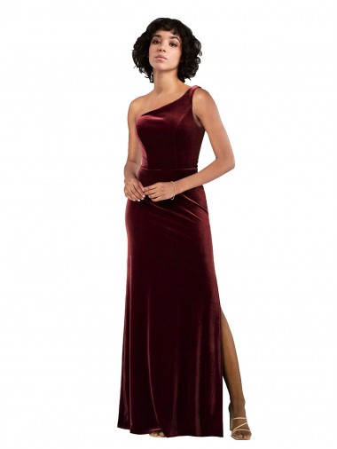 Affordable Sleeveless One Shoulder Stretch Velvet Burgundy Long Formal Dress UK