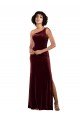 Sleeveless One Shoulder Stretch Velvet Burgundy Long Formal Dress