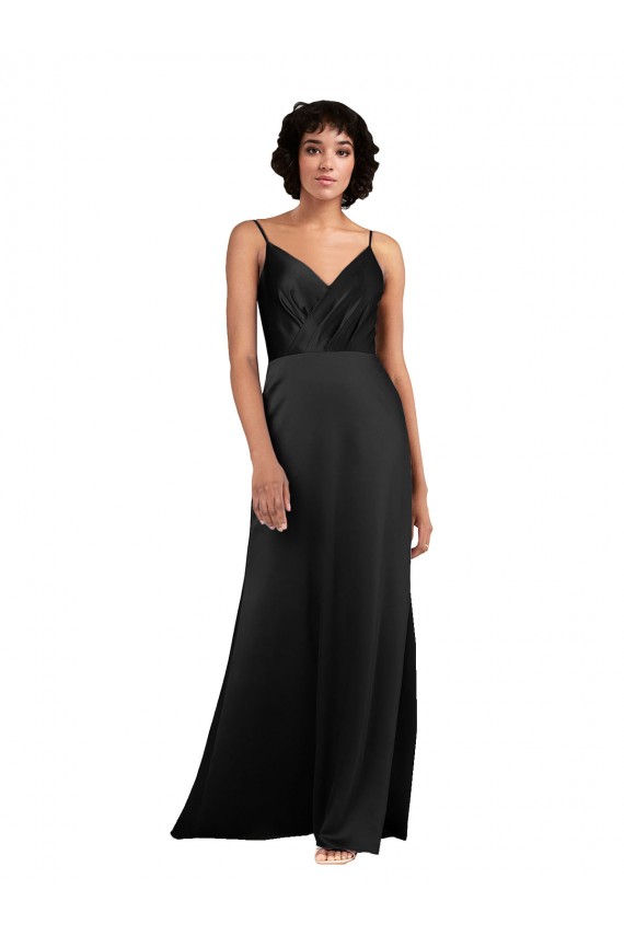 Sleeveless V-Neck Silky Satin Black Column Long Formal Dress