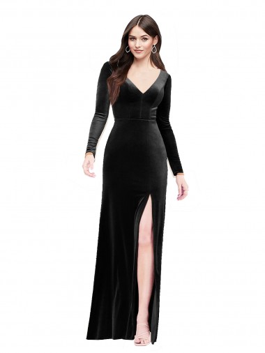 Affordable Long Sleeves V-Neck Stretch Velvet Black Long Formal Dress UK