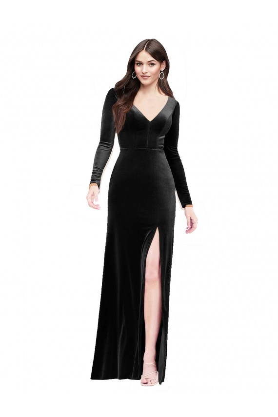 Long Sleeves V-Neck Stretch Velvet Black Long Formal Dress