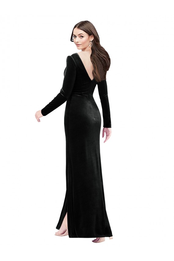Long Sleeves V-Neck Stretch Velvet Black Long Formal Dress