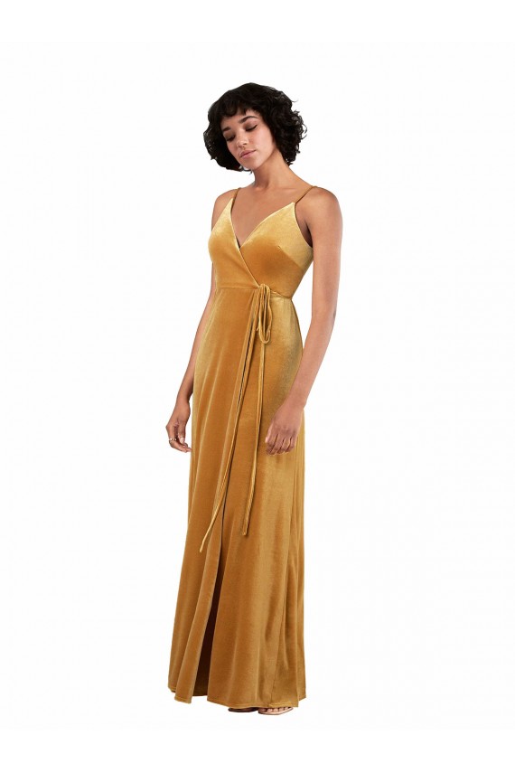 Sleeveless V-Neck Stretch Velvet Gold Long Black Tie Formal Dress