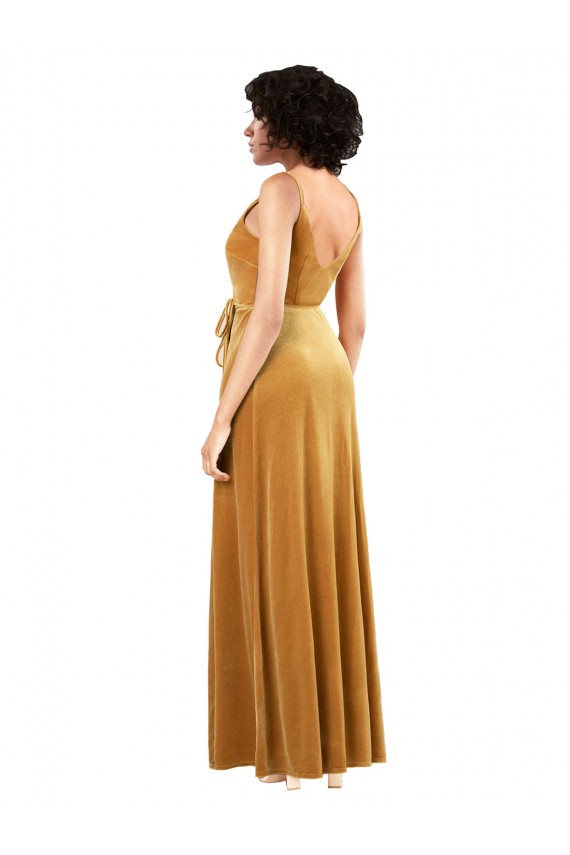 Sleeveless V-Neck Stretch Velvet Gold Long Black Tie Formal Dress