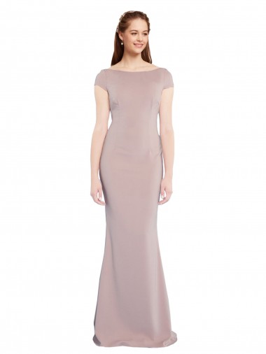 Affordable Cap Sleeves Boat Neck Stretch Crepe Dusty Pink Long Formal Dress UK