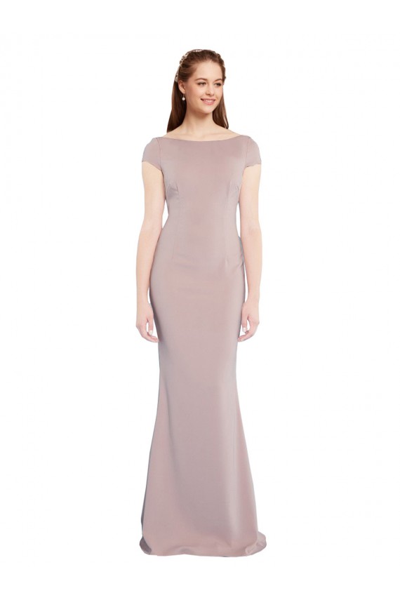 Cap Sleeves Boat Neck Stretch Crepe Dusty Pink Long Formal Dress