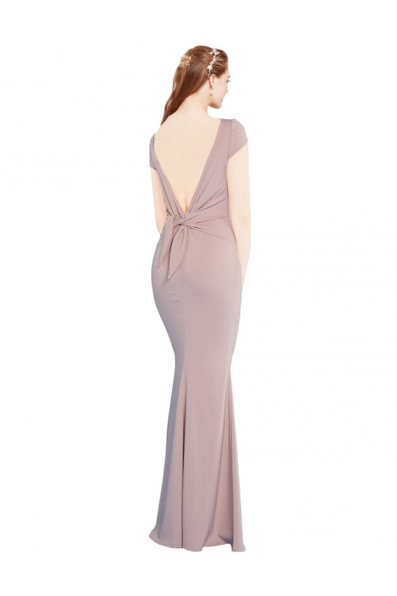 Cap Sleeves Boat Neck Stretch Crepe Dusty Pink Long Formal Dress