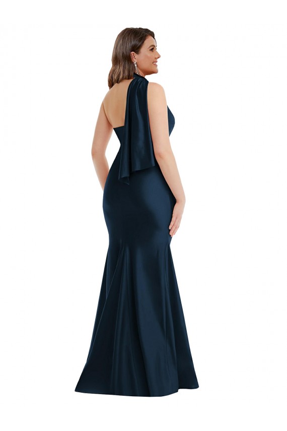 Sleeveless Halter Neck Silky Satin Dark Navy Long Formal Plus Size Formal Dress