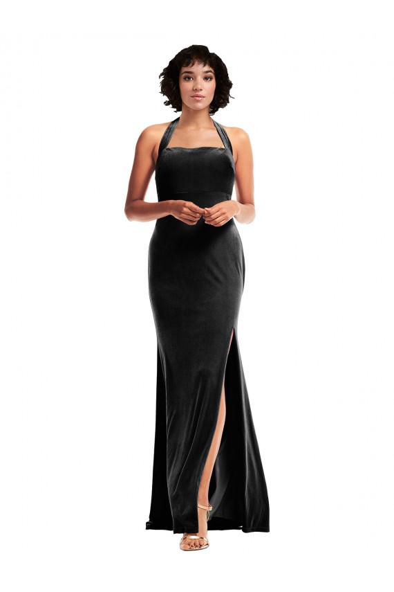 Sleeveless Halter Neck Stretch Velvet Black Long Formal Dress