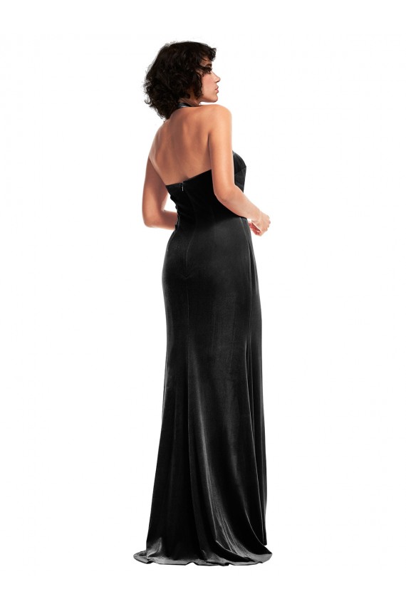 Sleeveless Halter Neck Stretch Velvet Black Long Formal Dress