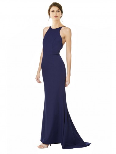 Affordable Sleeveless High Neck Stretch Crepe Navy Blue Long Formal Dresses UK