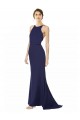 Sleeveless High Neck Stretch Crepe Navy Blue Long Formal Dresses