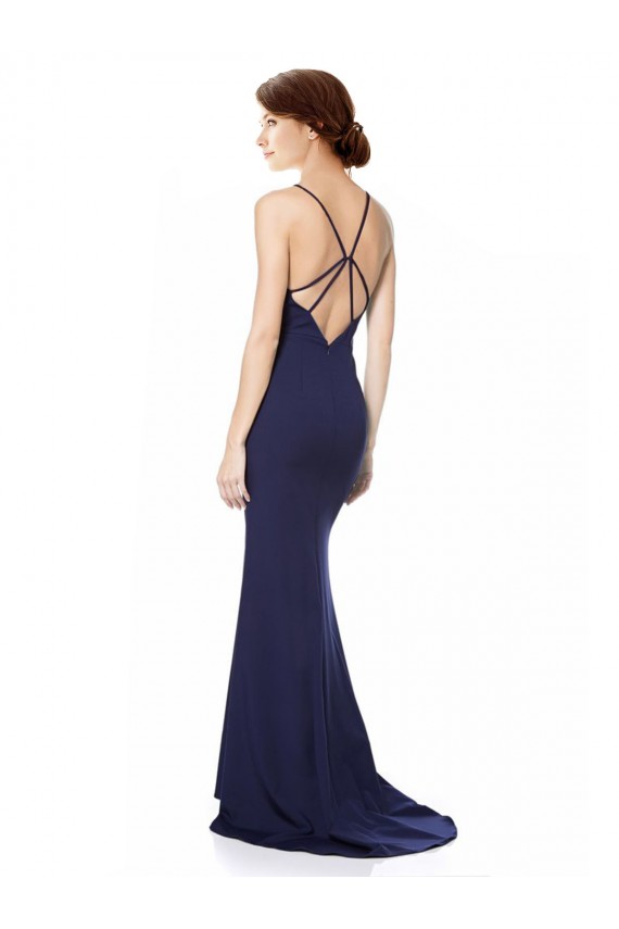 Sleeveless High Neck Stretch Crepe Navy Blue Long Formal Dresses