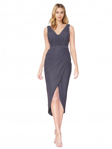 Affordable Sleeveless High Neck Chiffon Slate Grey Cocktail Length High Low Formal Dress UK