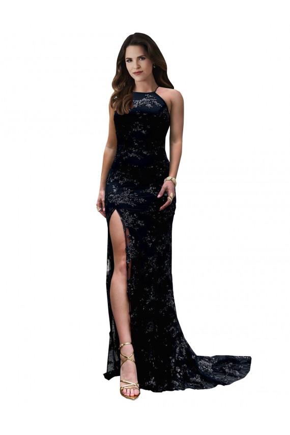 Sleeveless High Neck Lace Black Long Black Tie Formal Dress