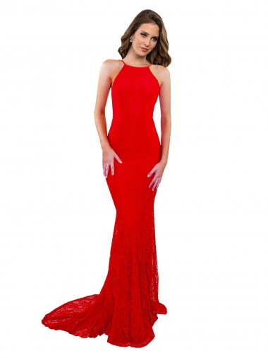 Affordable Sleeveless High Neck Lace Red Long Formal Dress UK