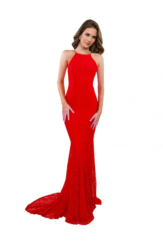 Sleeveless High Neck Lace Red Long Formal Dress