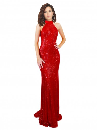 Affordable Sleeveless High Neck Sequin Red Long Formal Dress UK
