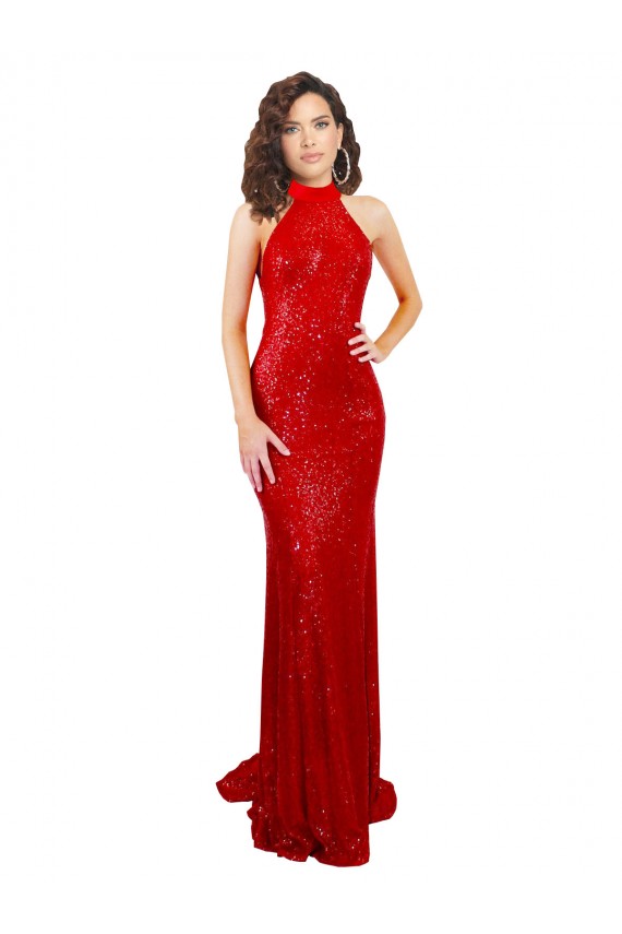 Sleeveless High Neck Sequin Red Long Formal Dress