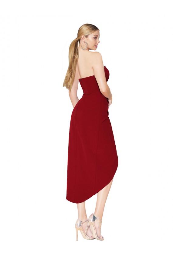 Sleeveless High Neck Stretch Crepe Burgundy Knee Length High Low Formal Dress