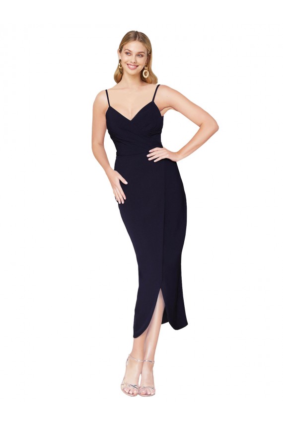 Sleeveless High Neck Stretch Crepe Dark Navy Knee Length Formal Dress