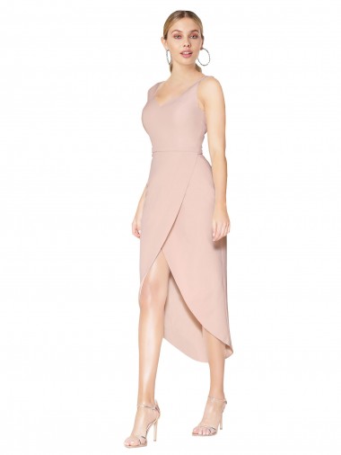 Affordable Sleeveless High Neck Stretch Crepe Mauve Knee Length High Low Formal Dress UK
