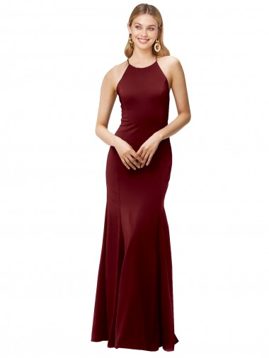 Affordable Sleeveless High Neck Stretch Crepe Burgundy Gold Long Formal Dress UK