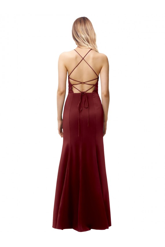 Sleeveless High Neck Stretch Crepe Burgundy Gold Long Formal Dress