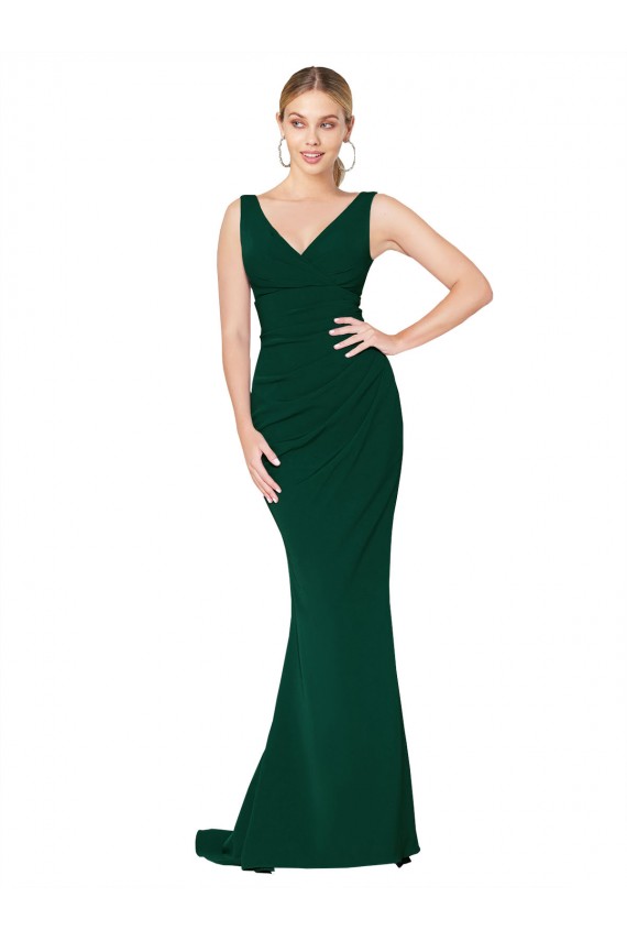 Sleeveless High Neck Stretch Crepe Midnight Green Long Formal Dress