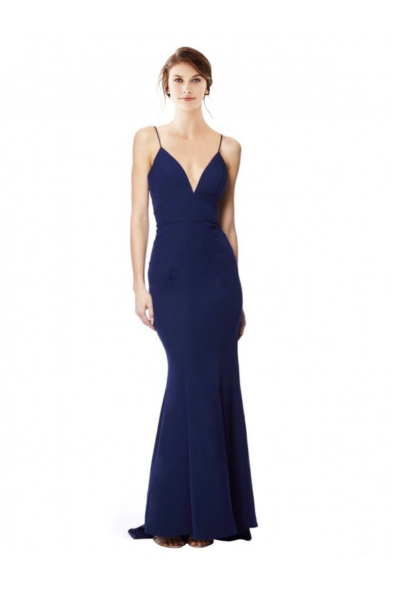 Sleeveless High Neck Stretch Crepe Navy Blue Long Formal Dress