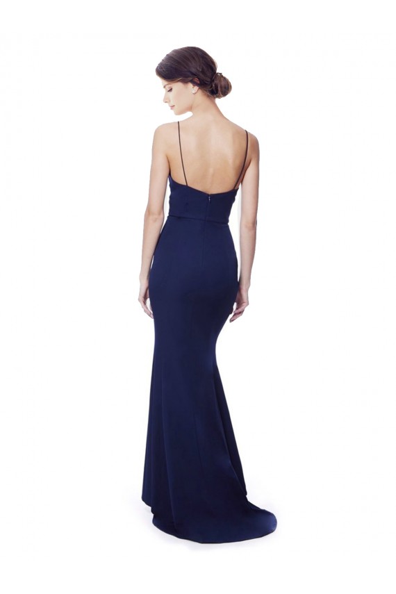 Sleeveless High Neck Stretch Crepe Navy Blue Long Formal Dress