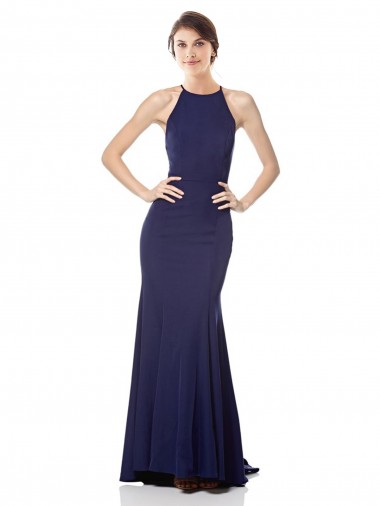 Affordable Sleeveless High Neck Stretch Crepe Navy Blue Long Formal Gowns UK