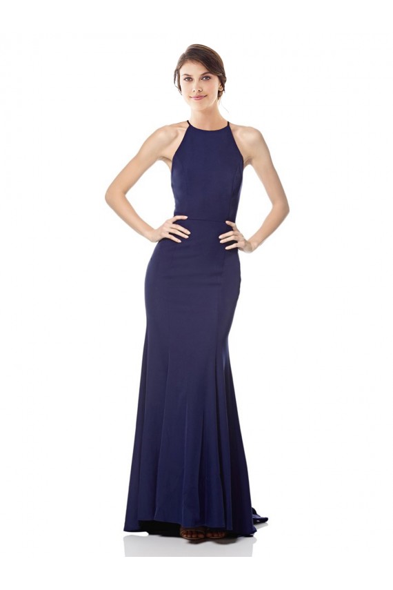 Sleeveless High Neck Stretch Crepe Navy Blue Long Formal Gowns