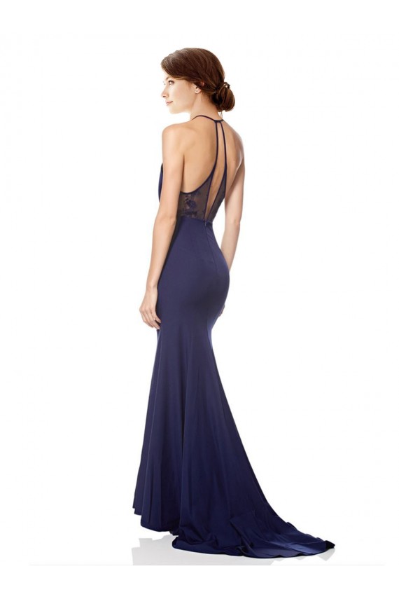 Sleeveless High Neck Stretch Crepe Navy Blue Long Formal Gowns