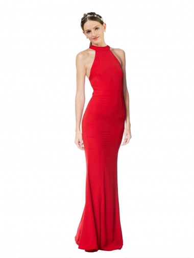 Affordable Sleeveless High Neck Stretch Crepe Red Long Halter Formal Dress UK